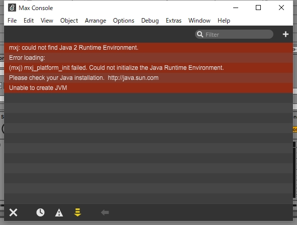 Max Consoleのメッセージ。mxj: could not find Java 2 Runtime Environment