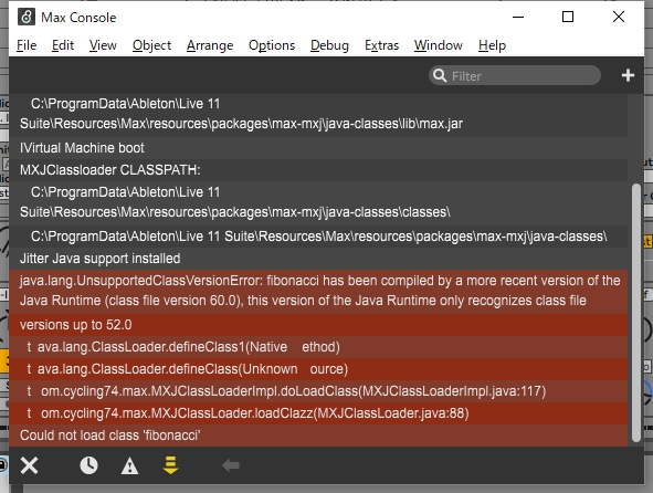 Max Consoleのメッセージ。java.lang.UnsupportedClassVersionError